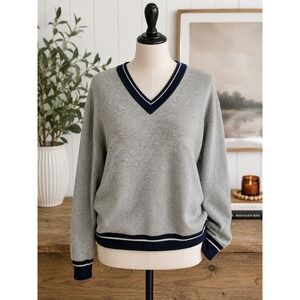 Toscano Mens Wool Blend V-Neck Varsity Stripe Sweater Grey Navy Large Made Italy